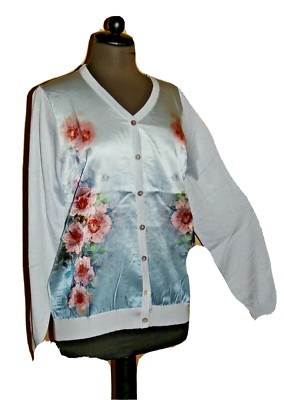 Strickjacke Jacke mulberry silk blau geblümt 38/40 high Quality Langarm