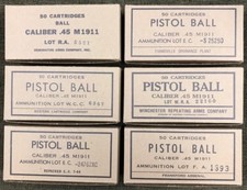 M1911 WWII NEW REPLICA 50 ROUND AMMO BOXES- 6 LABEL DISPLAY SET OF ALL SUPPLIERS