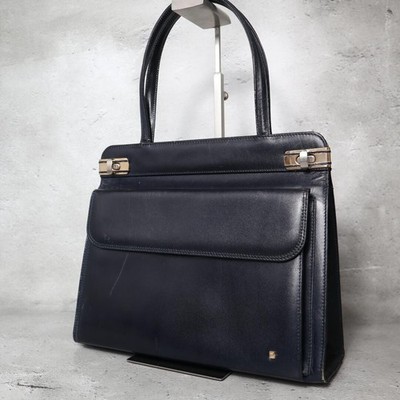 BALLY Handbag Leather Gold hardware Navy Authentic From Japan