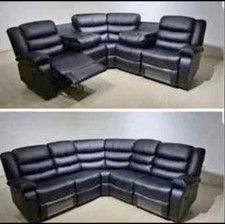 Roma Black Leather Corner Sofa ( End Manual Recliners + Cupholders)