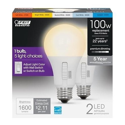 Feit Electric OM100DM 6WYCA 2 CCT Color Selectable A21 LED Bulbs 100W 5CCT 2 Pac