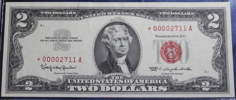 1963 Two Dollar Bill,  Star Note Two Dollar ($2) Red Seal low serial number!