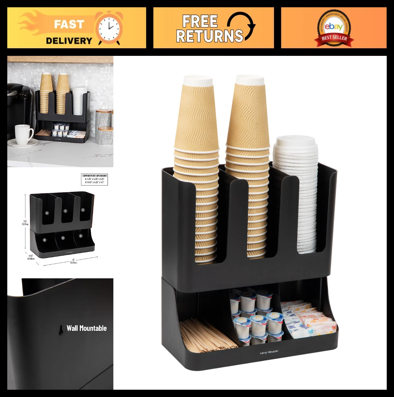 Coffee Bar Organizer Station - 6 Compartment Cup & Condiment Storage Caddy, Blac