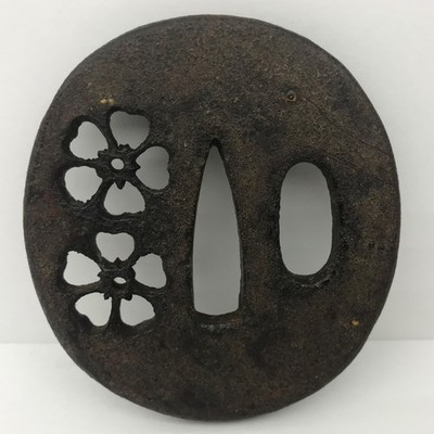 Japanese Iron Wakizashi Tsuba Late Edo Sukashi Ume Plum Blossom Design