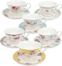 Colorful Floral Porcelain Coffee Cups W/ Saucers British Tea Cups Set 6 Classic