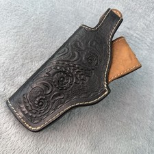 Vtg Black Tooled Leather Holster LH Snap Small Revolver Western Pistol W69