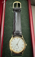 Lacher Quarz Armbanduhr 3 ATM Edelstahl gold, Lederband schwarz, Box 2002/12214