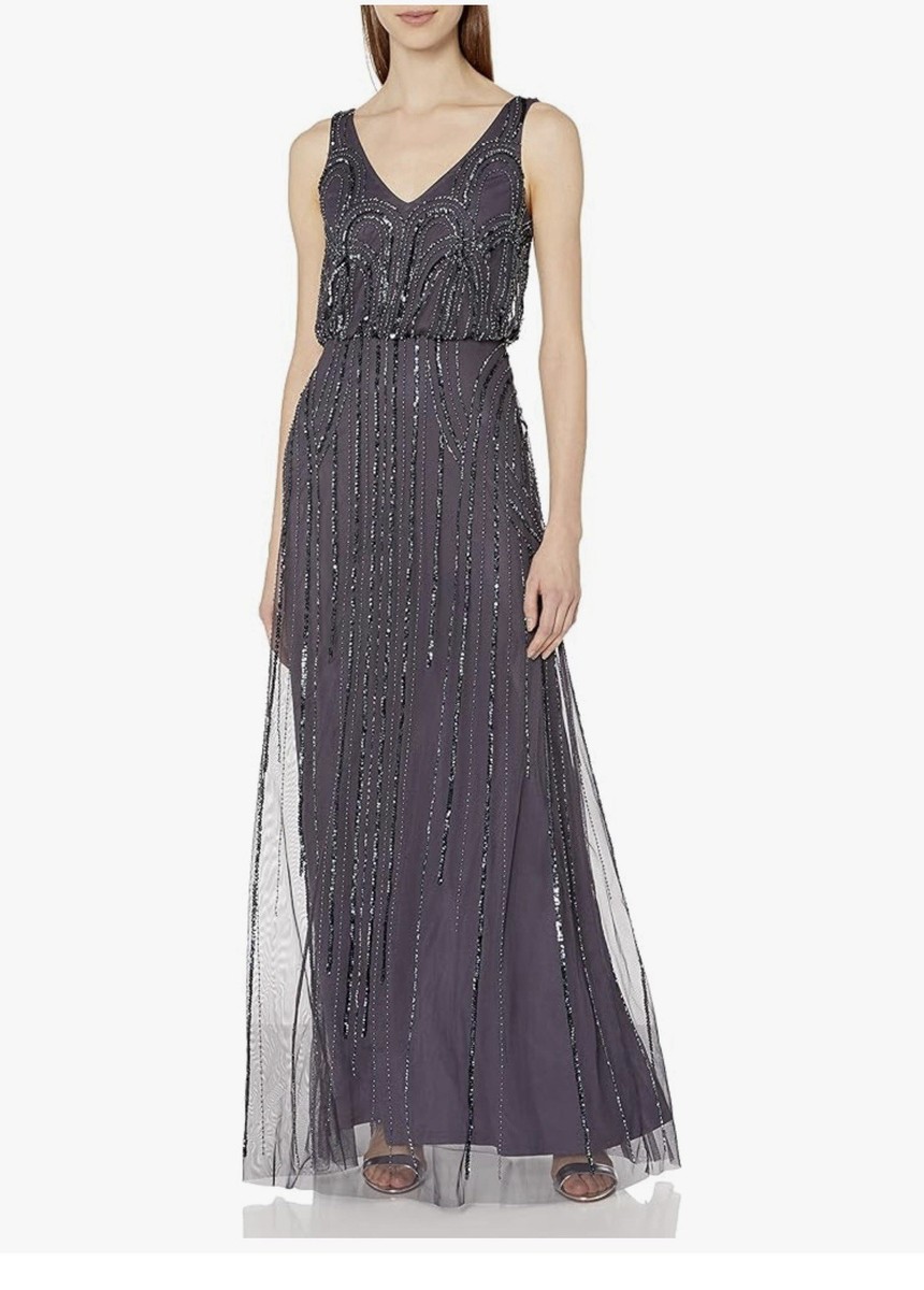 adrianna papell gunmetal beaded dress Adrianna Papell Beaded V-Neck Gown, Gunmetal Size (0) main image 1