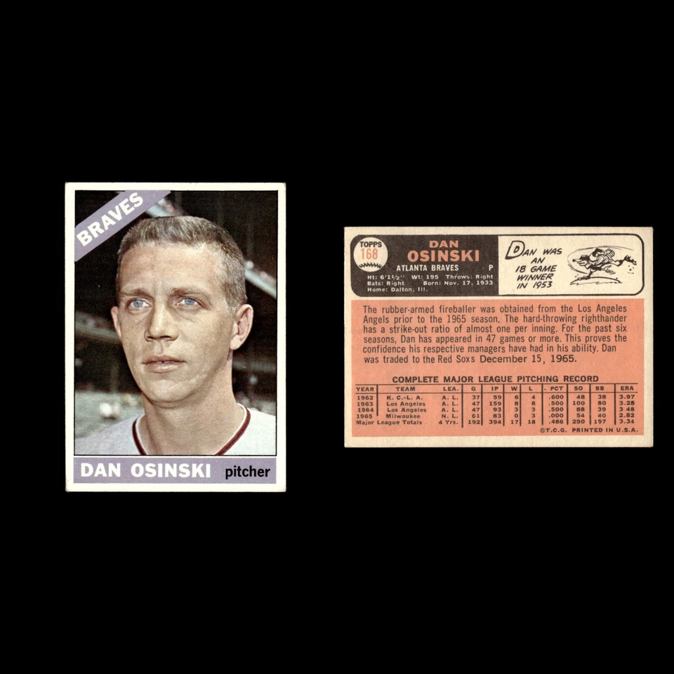 Dan Osinski #168 1966 Topps Atlanta Braves Baseball Card MLB EX - Image 3 of 3