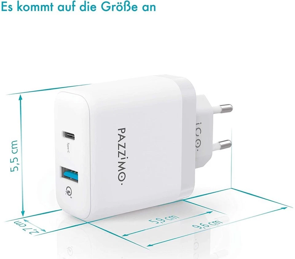 Pazzimo Netz-Ladegerät 6A USB-C + USB-A Qualcomm Quick Charge QC 3.0 Netzteil - Bild 3 von 4