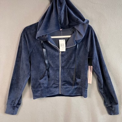 Crave Fame Women's Cropped Velour Hoodie Size Medium Rich Navy NWT