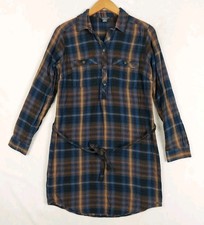 Eddie Bauer Flannel Shirt Dress Womens 6 Plaid Navy Brown Belted thick Grunge
