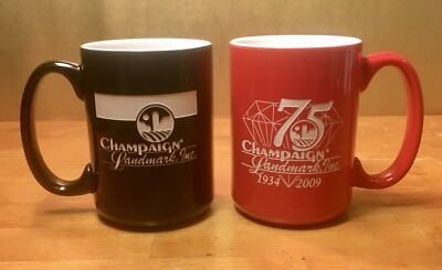 Lot Of 2 CHAMPAIGN LANDMARK Coffee Tea Cup Mug 75 Anniversary Engraved Farmer