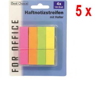 5 x Best Choice Haftnotizen 4x100 Blatt / 6 cm in vier Neon-Farben mit Halter.
