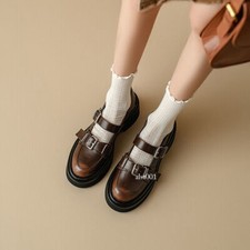 Zapatos mocasines Mary Janes con plataforma con hebilla y punta redonda de cuero elegantes para mujer SUPE