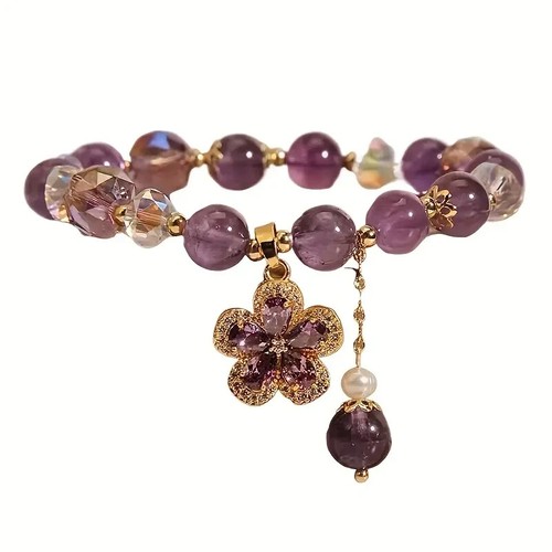 Natural Amethyst Feminine Zirconia Flower Charm Bead Stretch Bracelet Handmade - Picture 7 of 7