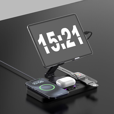 6In1 Multifunktion Kabelloses Ladegerät Station Uhr LED Licht für Apple Geräte