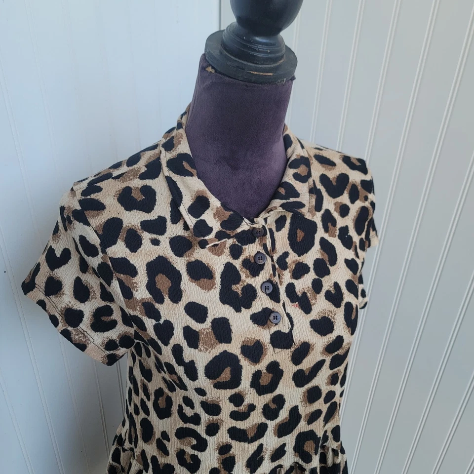 Zara Girls Dress Brown Black Short Sleeve Button Leopard Print Size 13-14 - Image 3 of 4