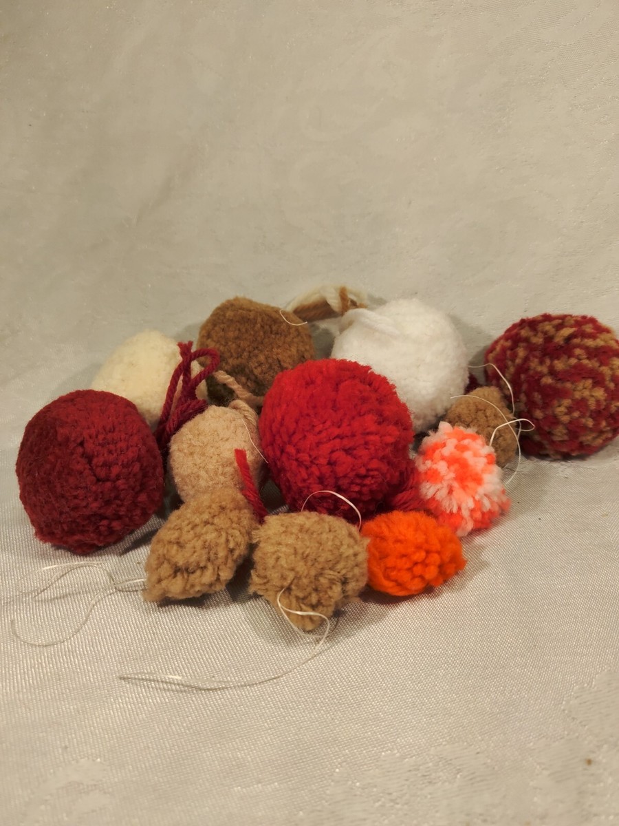 Vtg 12 Handmade Pom Poms Red, Tan, White, Red, Orange, Cream, Pink