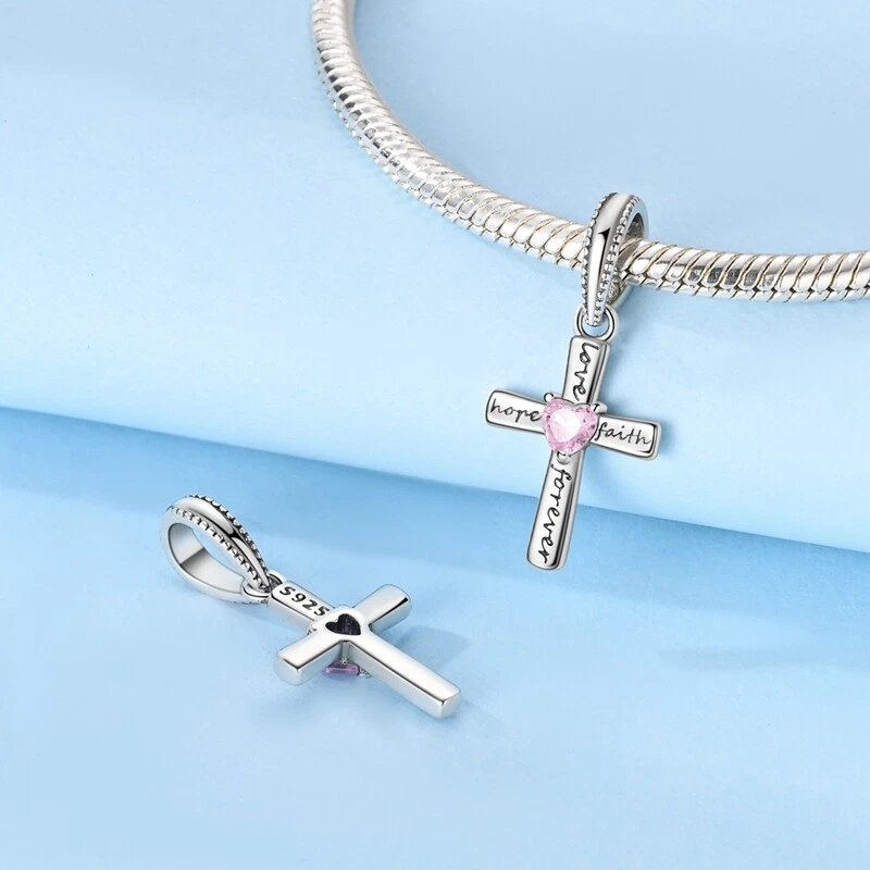 MULA Frauen 925 Sterling Silber DIY Charm Rosa CZ Herz Liebe Kreuz Für Armbänder - Bild 4 von 4