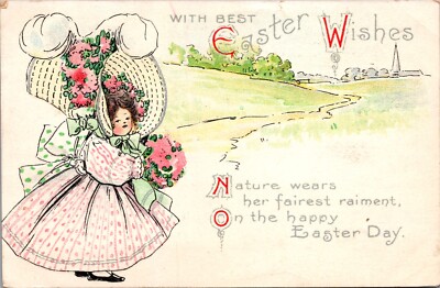 Vintage Easter Postcard Little Girl in Huge Bonnet Crinoline Holds Flowers 1910