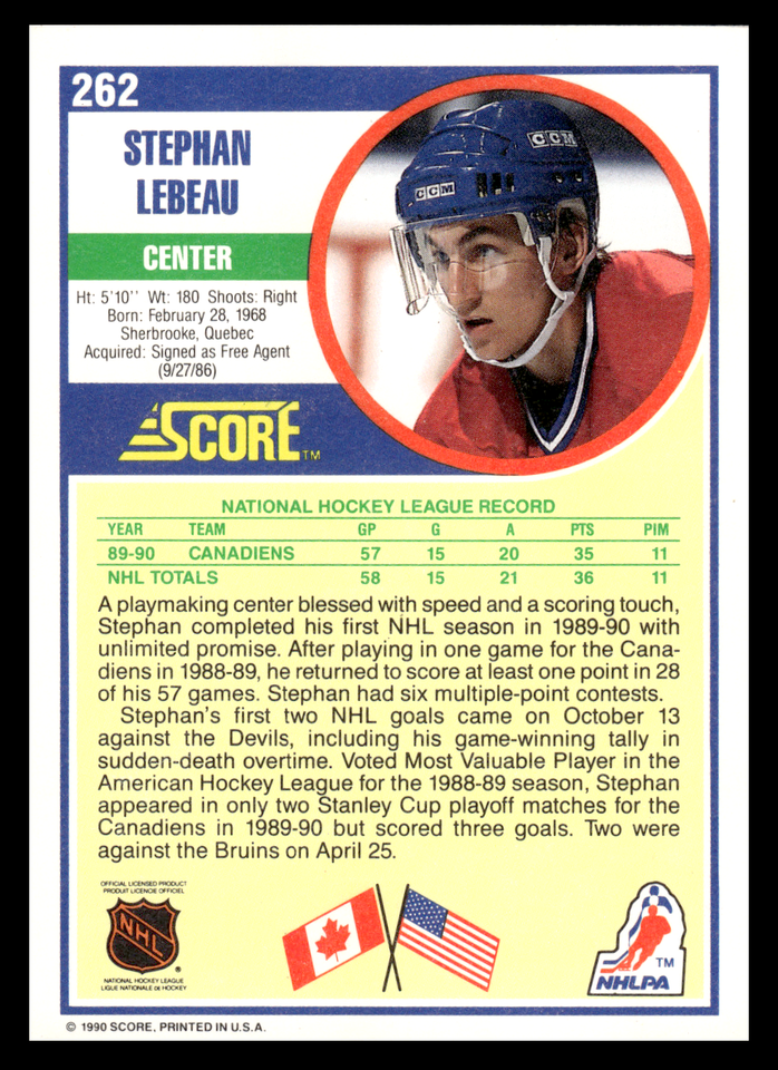 199091 Score American Stephan Lebeau 262 Montreal Canadiens NHL