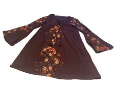 HINT OF MINT Boho Floral Print Lace Up V-Neck Dress- Bell Sleeve-Sz S-Maroon