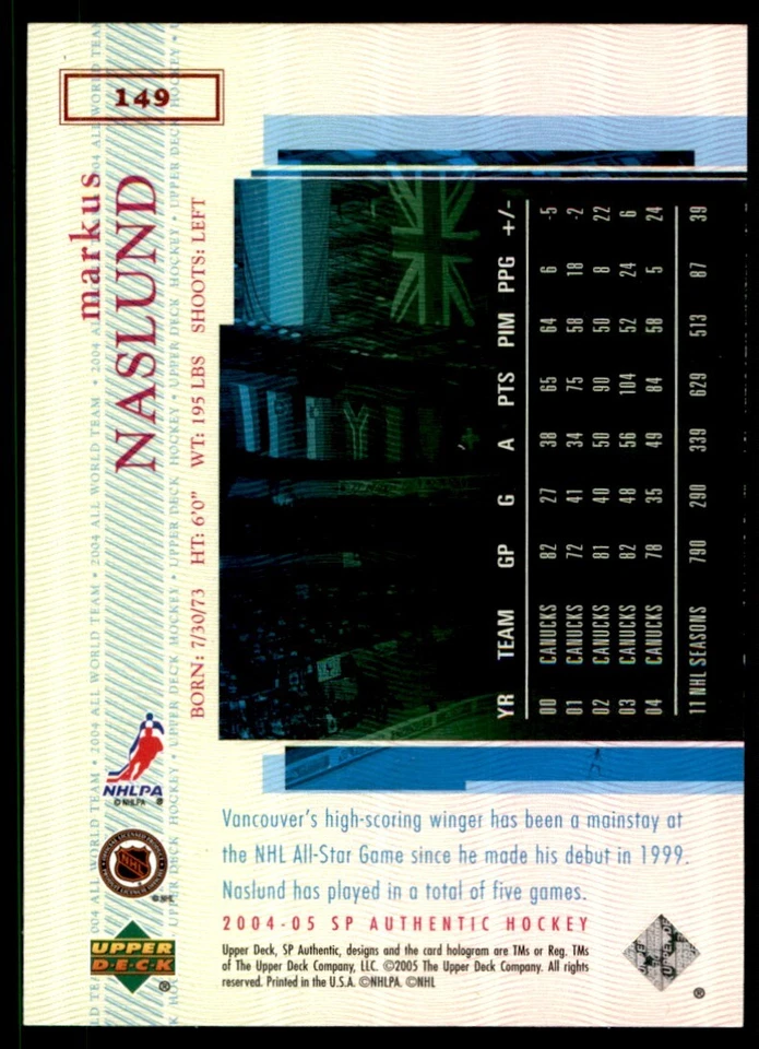 2004-05 SP Authentic Markus Naslund Auto Vancouver Canucks #149 - Image 2 of 2