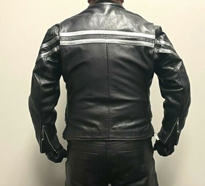 Unik Leather Black CAFE Double Silver Stripe Biker Leather Jacket Size 42 