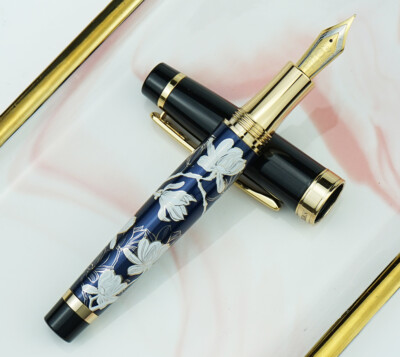 Hand-made Hongdian Metal Fountain Pen Blue Flowers EF/F/Bent Nib Writing Ink Pen