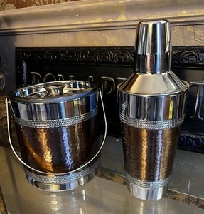 5 PC HAMMERED Stainless Steel Copper BAR SET SHAKER & ICE BUCKET