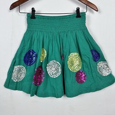 Mini Boden Sequin Circle Skirt INDIA Girls 9-10Y Green Cotton Smocked Lined READ