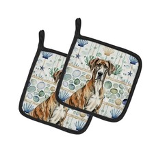 Caroline's Treasures Brindle Great Dane Coastal Sea Glass Pair of Potholders