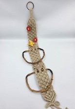 Vintage Handmade Macrame Towel Holder With Bamboo Rings Decorative Red Flowers