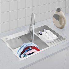 Kitchen Sink Stainless Steel Double Bowl Drop In Top Mount Workstation Silver