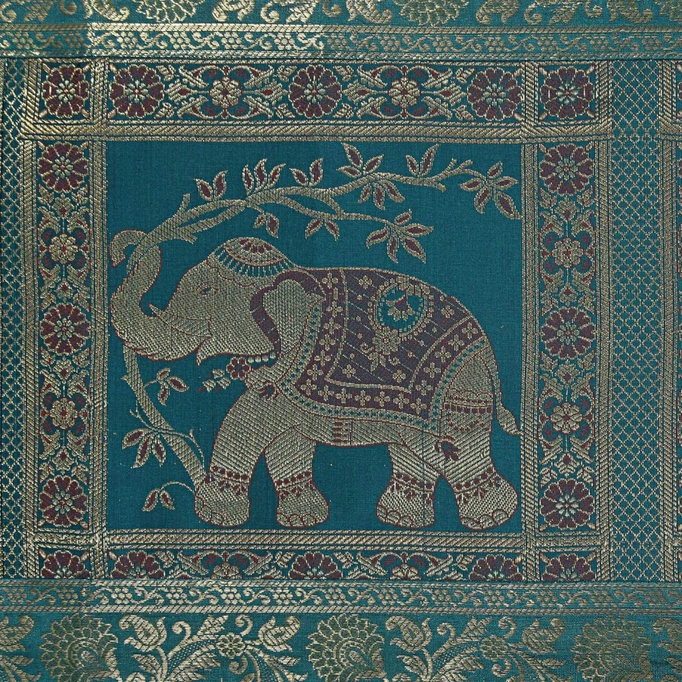 Green & Golden Elephant Silk Table Runner 72 Inch – Vintage Boho Decorative T... - Image 4 of 4