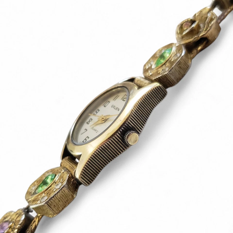 Reloj Pulsera Cuarzo Chapado en Oro Vintage Gruen Slide Charm Swiss Movt 7.25" Foto 4 de 4