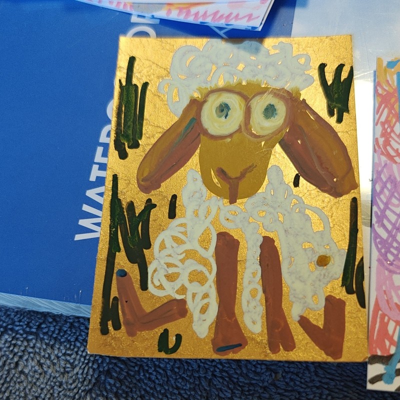 ACEO by Emily Meinert sheep animal painting on paper gold background original 