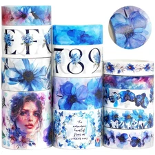 Washi Tape Set 13 Rolls - Shimmering & Embossed Blue Floral Decorative 