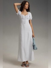 EUC Reformation Cherise Linen Midi Dress Blue White 8 Medium Boho Sweetheart