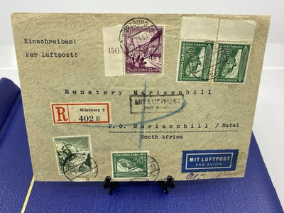 #ad #ad 1939 Germany Registered Wurzburg Airmail to South Africa Plate # Zeppln Stamp $29.99
