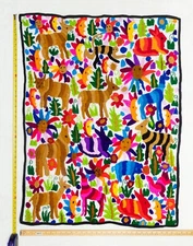 Mexican Folk Art Hand Embroidered Wall Tapestry Panel Textile Decor 41" x 31"