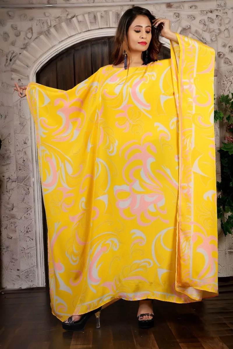 Yellow silk caftans silk kaftan maxi dress for women long sleeves caftan