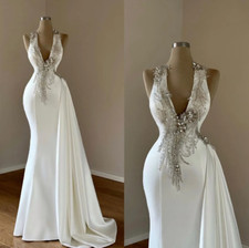 V Neck Appliques Lace Mermaid Wedding Dresses Custom Made Lace-Up Back Sweet