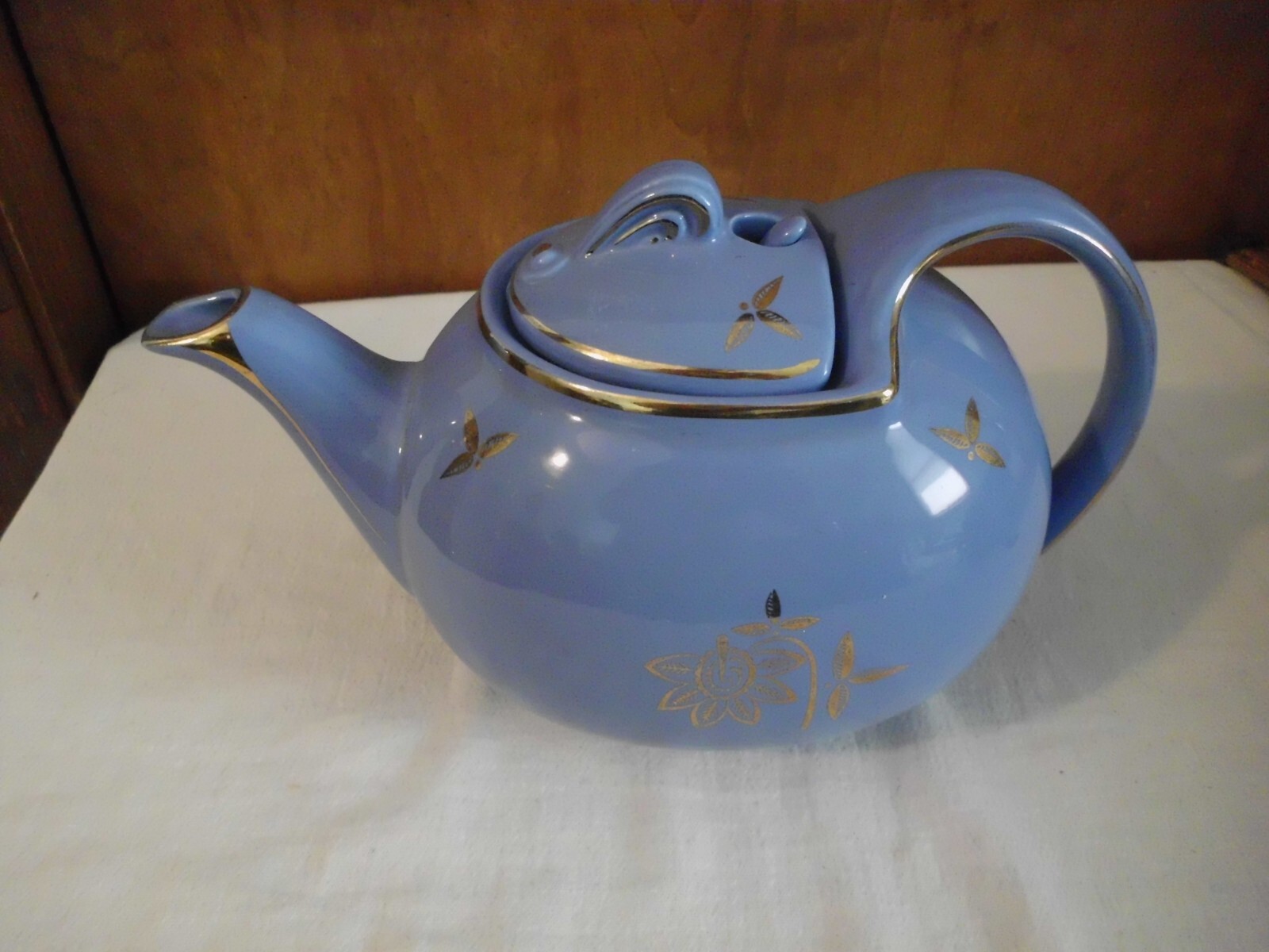 Vintage Hall China Teapot 0749 Hook Lid Cadet Blue 6 Cup Gold Flower