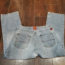 Tommy Hilfiger sz 36x31 Boot Cut Jeans Logo Key Ring Distressed faded Nice look