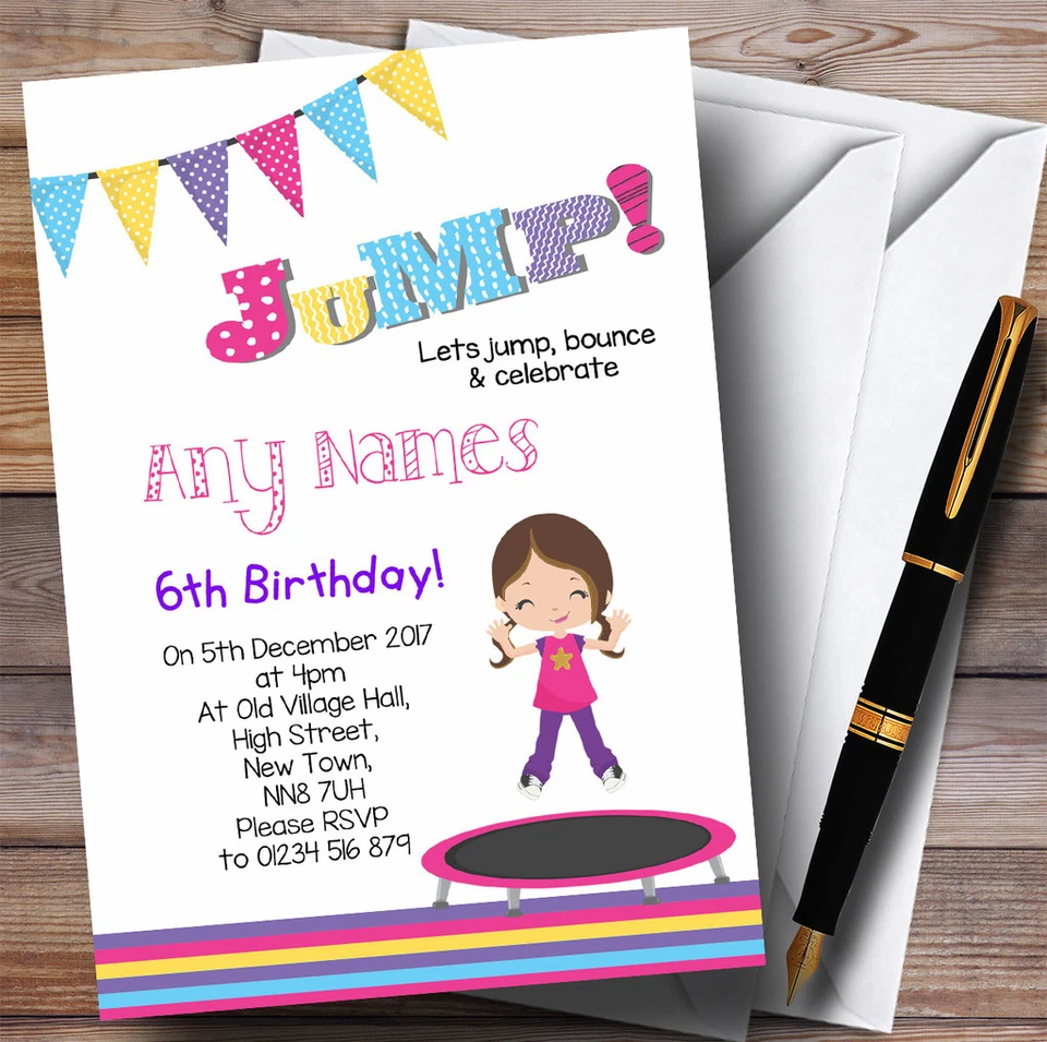 THECARDZOO Brunette Girl Trampoline Childrens Birthday Party Invitations
