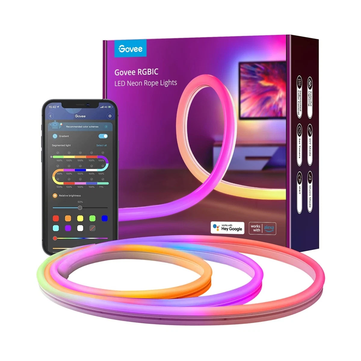 Govee Neon Rope Light, RGBIC Rope Lights with Music Sync, DIY Design, Works  w