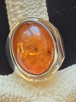 Genuine Large Baltic Cognac Golden Amber Sterling Silver Ring  Sz 6.5 adjustable