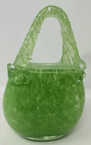 MURANO STYLE Hand Blown Art Glass Purse Hand Bag Vase Green White 8 1/2" Tall